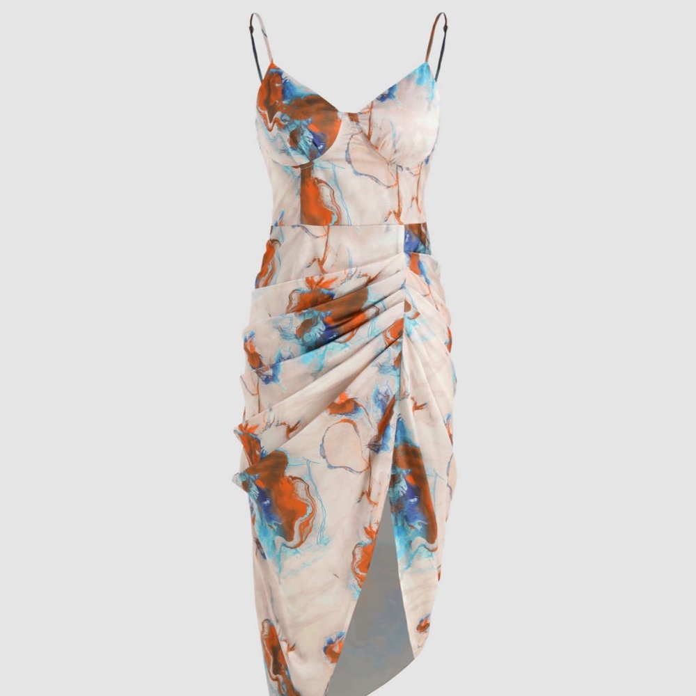 Cider Watercolor Ruched Asymmetrical Slit Midi Dress